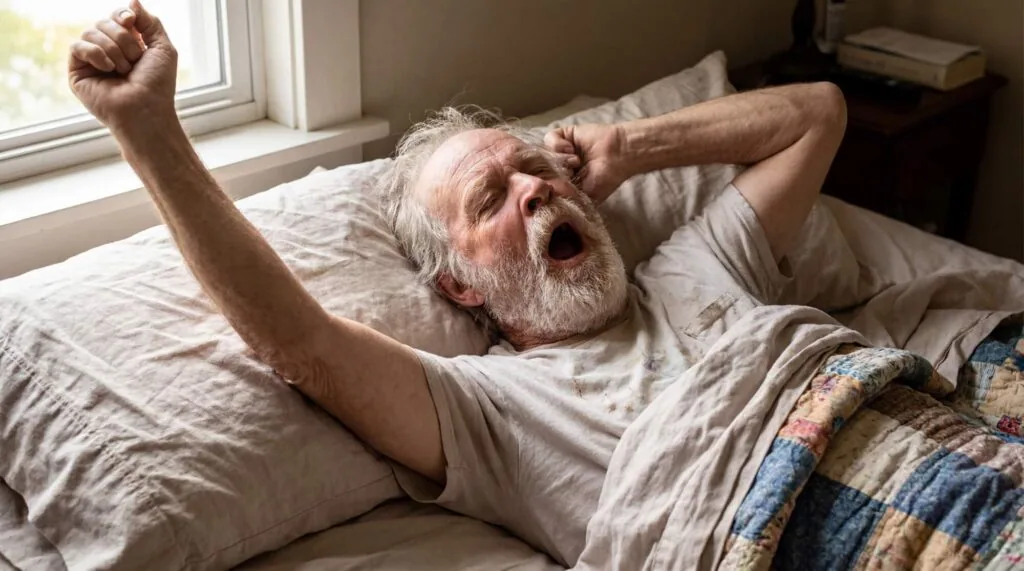 Older man stretching in bed with arms raised above his head while yawning upon waking